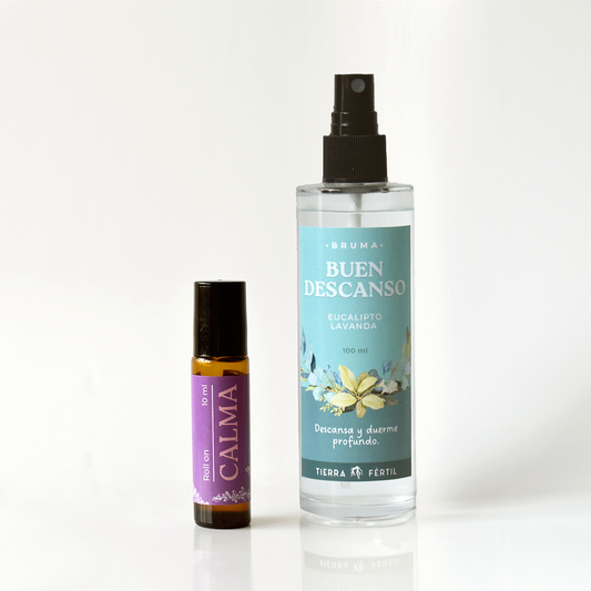 Pack relajante de aromaterapia con Roll On Calma y Bruma Buen Descanso para ansiedad y estrés.