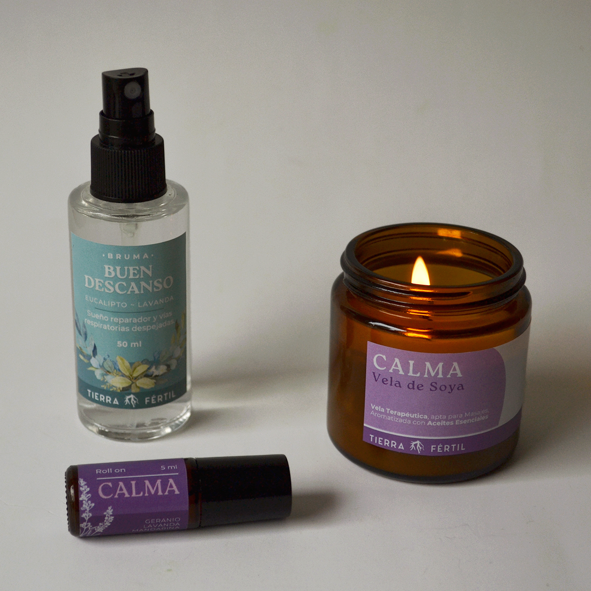 Pack Calma de aromaterapia con vela de soya, roll on relajante y bruma Buen Descanso para ansiedad, estrés y descanso