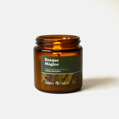 Vela de soya orgánica Bosque Mágico con aceites esenciales para aromatizar el hogar con aroma amaderado y herbal
